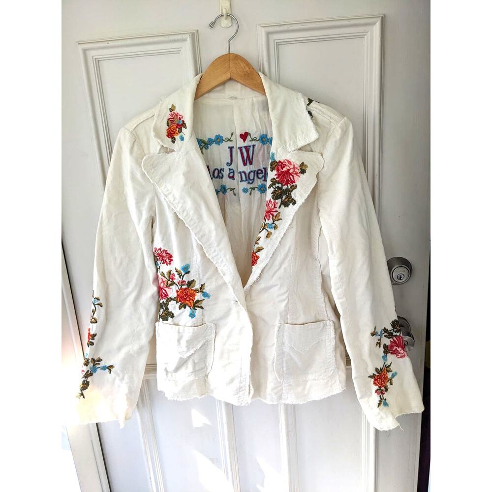 Johnny Was JW Los Angeles white corduroy blazer embroidery floral raw hem cotton